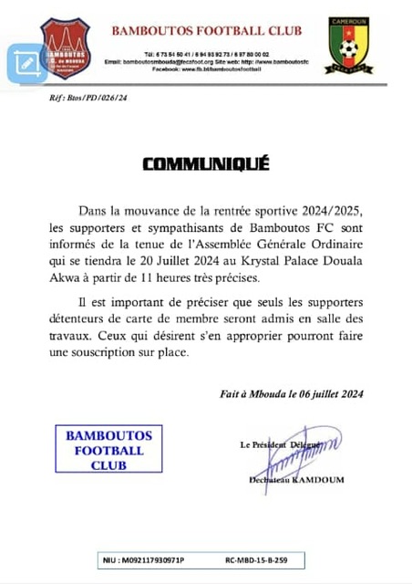 En vue de la prochaine saison sportive 2024-2025, Bamboutos FC de Mbouda annonce la tenue de son congés Ordinaire ce samedi 20 juillet 2024.